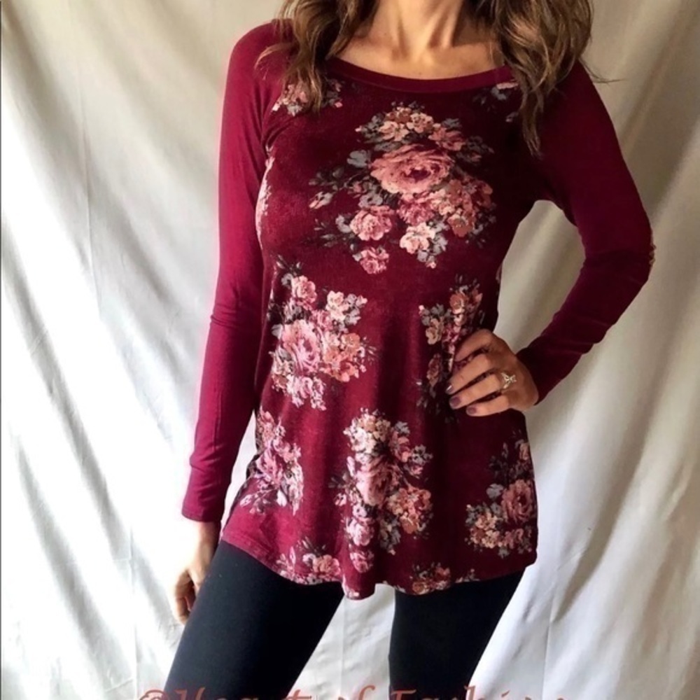 Floral Print Elbow Patch Long Sleeve Raglan Top - Picture 3 of 9